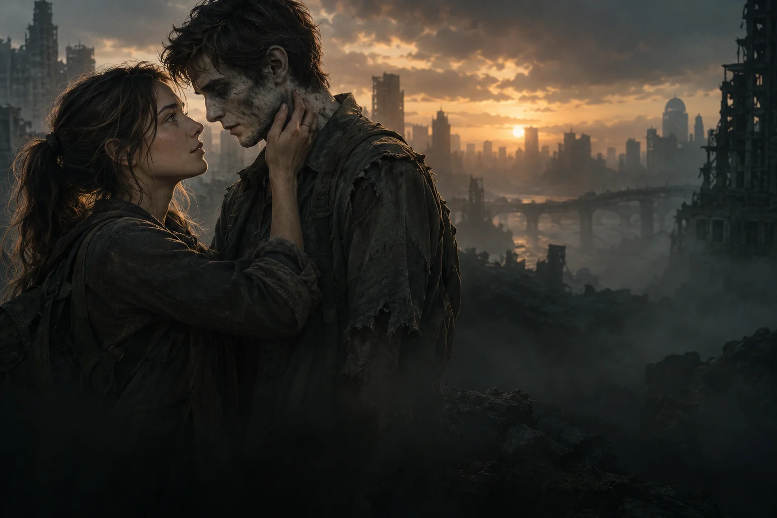 Concept illustration of a human recognizing their infected partner in a ruined city