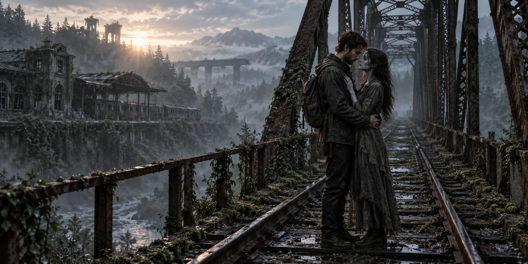 Concept illustration of a human and infected partner meeting on an abandoned railway bridge